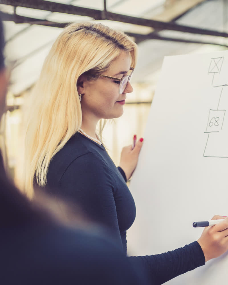 Caroline Uhl zeichnet in einer Sitzung ein Genogramm auf ein Flipchart